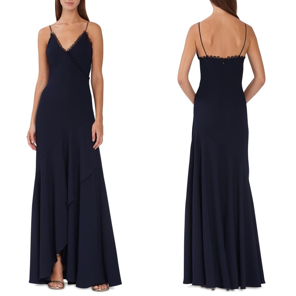 NEW ML MONIQUE LHUILLIER Navy SCALLOPED Trim FAUX WRAP Evening Dress GOWN 14
